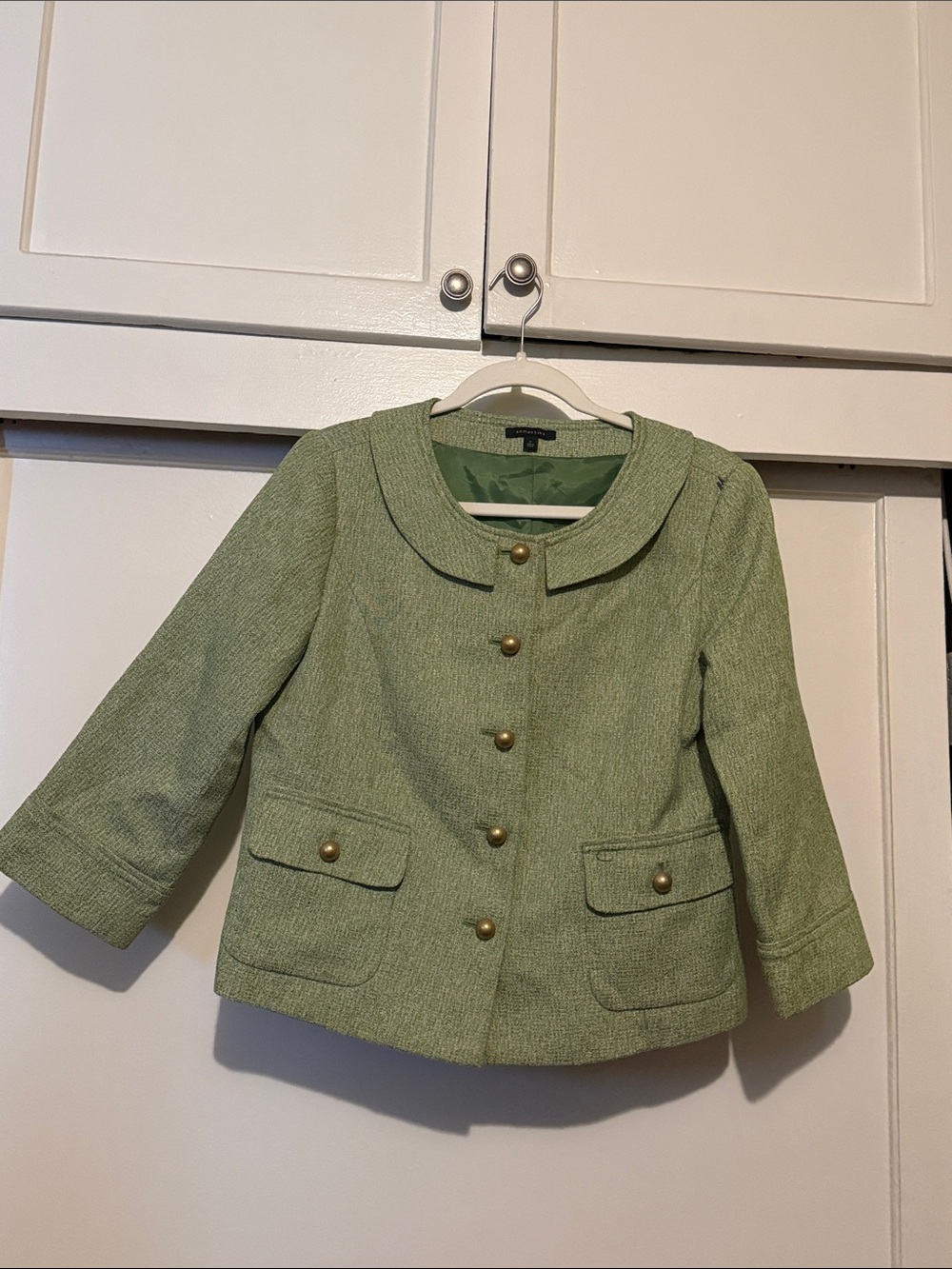 Semantiks Light Green Rounded Collar Blazer with Gold Buttons